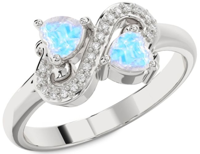 Diamond Moonstone Silver Two Heart Ring