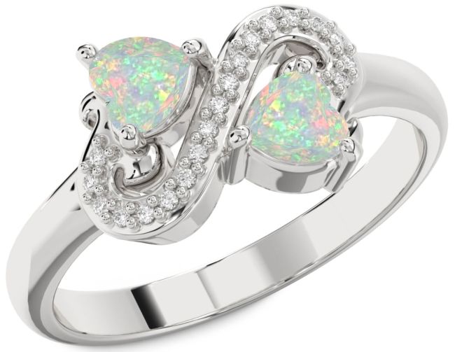 Diamond Opal Silver Two Heart Birthstone Ring