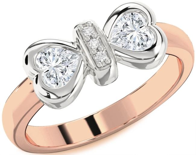 Diamond White Rose Gold Bow Two Heart Ring