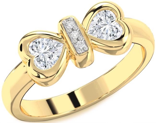 Diamond Gold Silver Bow Two Heart Ring