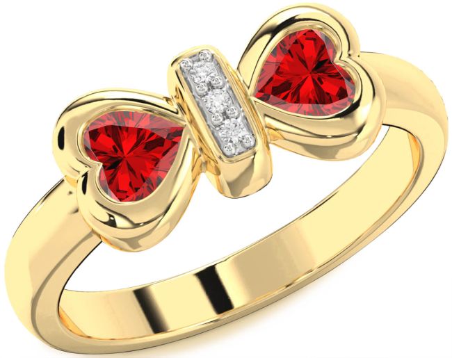 Diamond Ruby Gold Silver Bow Two Heart Birthstone Ring
