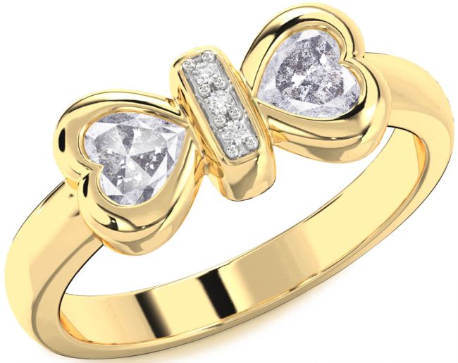 Salt & Pepper Diamond Gold Bow Two Heart Ring