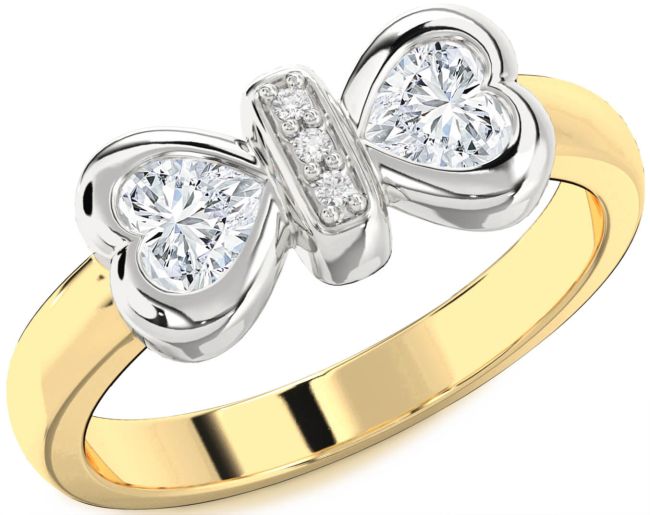 Diamond White Yellow Gold Bow Two Heart Ring