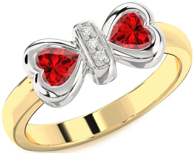 Diamond Ruby Gold Silver Bow Two Heart Birthstone Ring