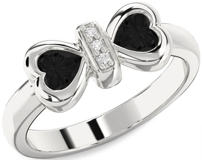 Black Diamond Silver Bow Two Heart Ring