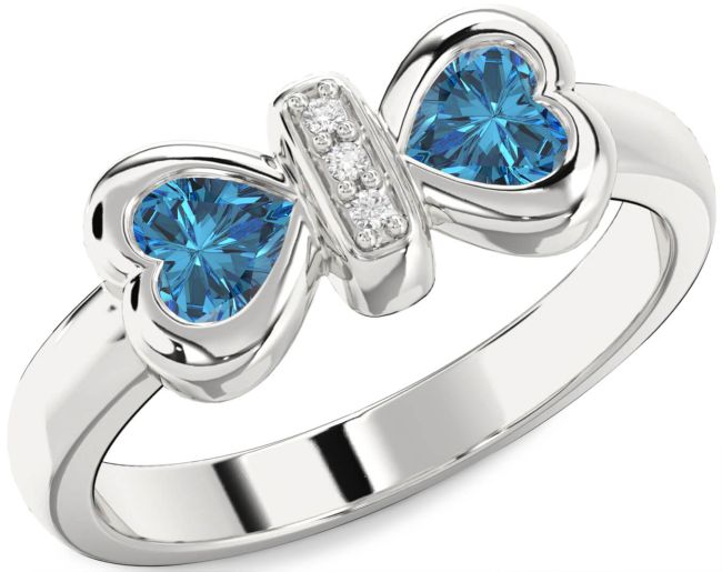 Blue Diamond Silver Bow Two Heart Ring