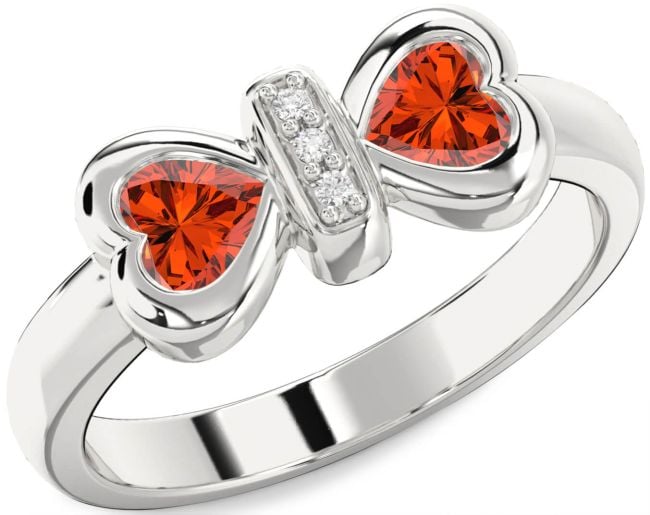 Diamond Fire Opal Silver Bow Two Heart Ring