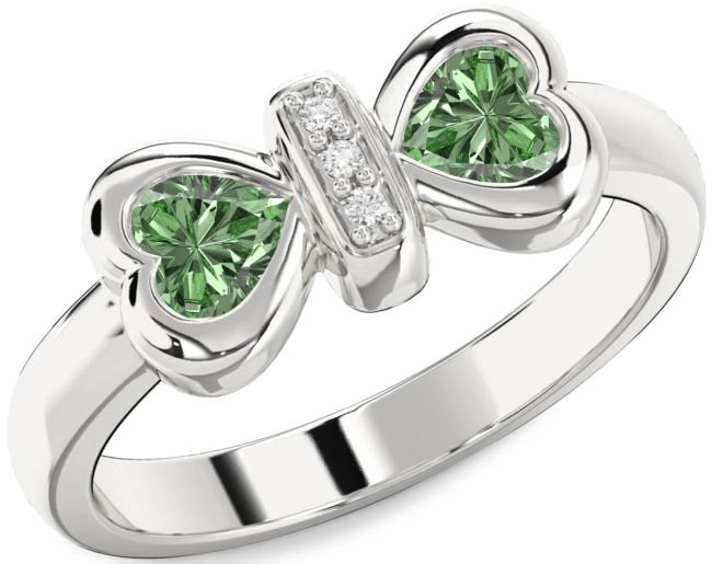 Green Diamond Silver Bow Two Heart Ring