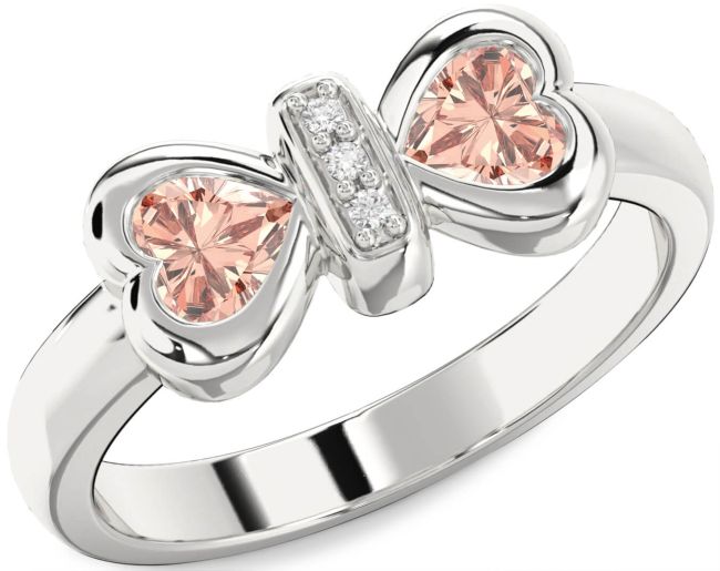 Diamond Morganite Silver Bow Two Heart Ring