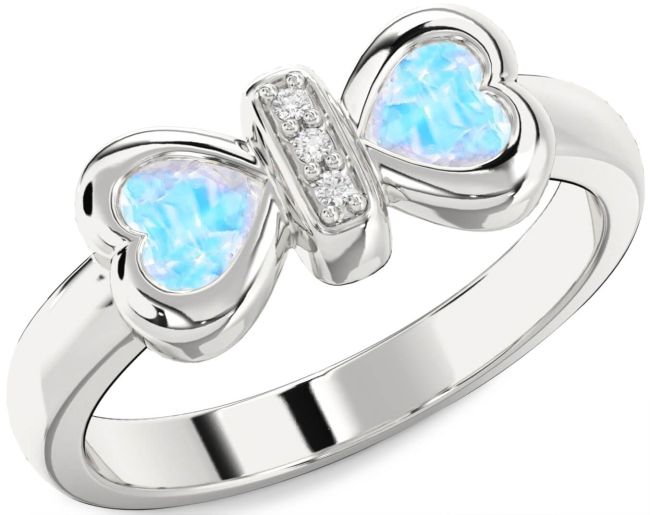 Diamond Moonstone Silver Bow Two Heart Ring
