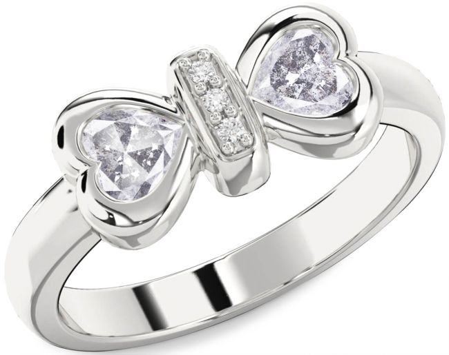Salt & Pepper Diamond Silver Bow Two Heart Ring