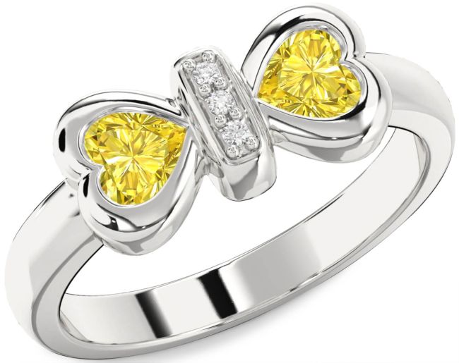 Yellow Diamond Silver Bow Two Heart Ring