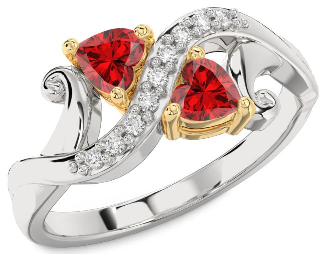 Diamond Ruby Gold Silver Two Heart Birthstone Ring
