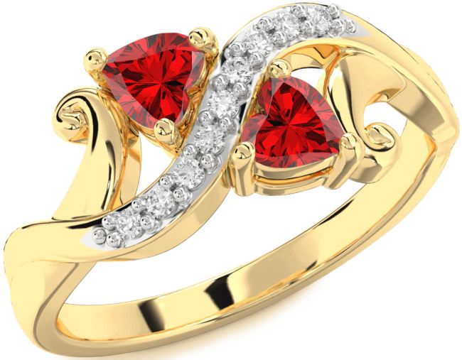 Diamond Ruby Gold Two Heart Birthstone Ring