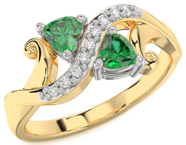 Diamond Emerald Gold Silver Two Heart Birthstone Ring