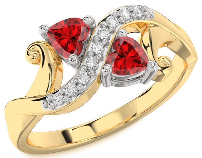 Diamond Ruby Gold Silver Two Heart Birthstone Ring