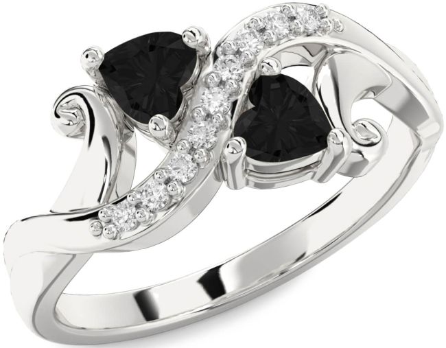 Black Diamond Silver Two Heart Ring