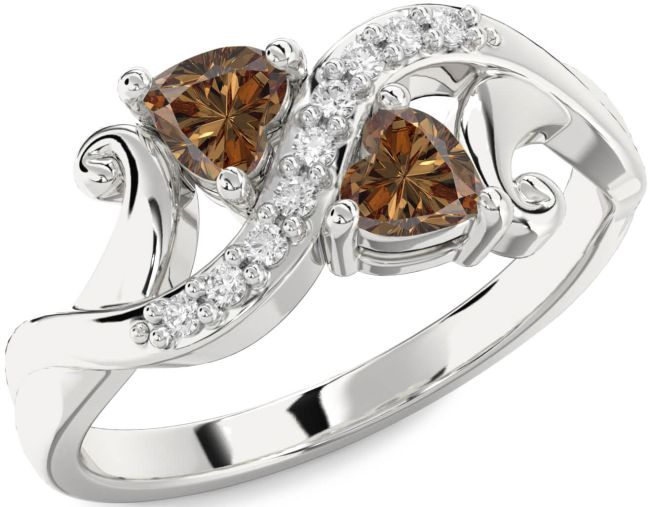 Chocolate Brown Diamond Silver Two Heart Ring