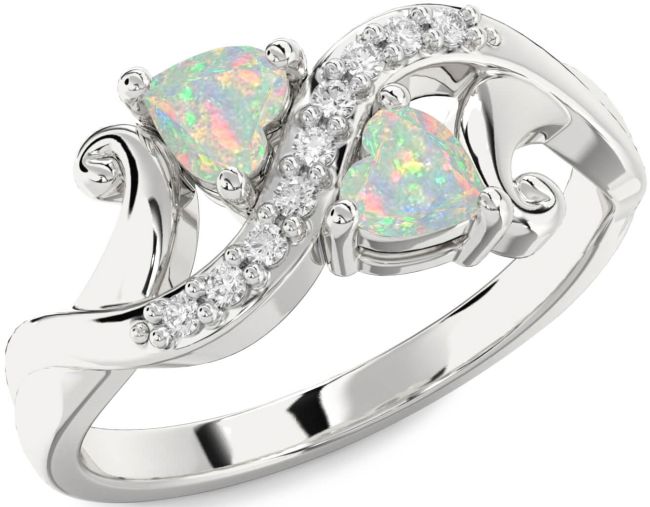 Diamond Opal Silver Two Heart Birthstone Ring