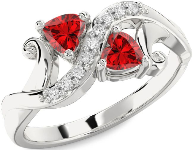 Diamond Ruby Silver Two Heart Birthstone Ring