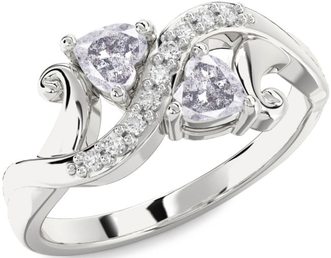 Salt & Pepper Diamond Silver Two Heart Ring