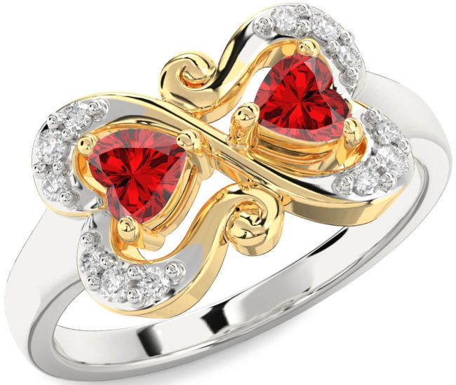 Diamond Ruby Gold Silver Two Heart Birthstone Ring