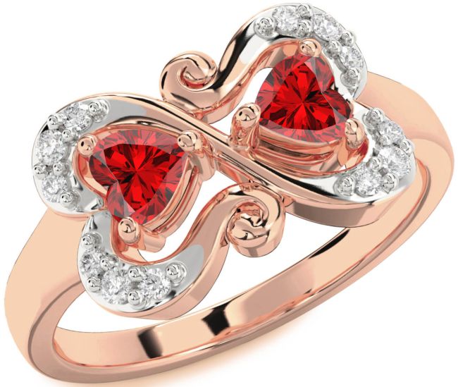 Diamond Ruby Rose Gold Two Heart Birthstone Ring