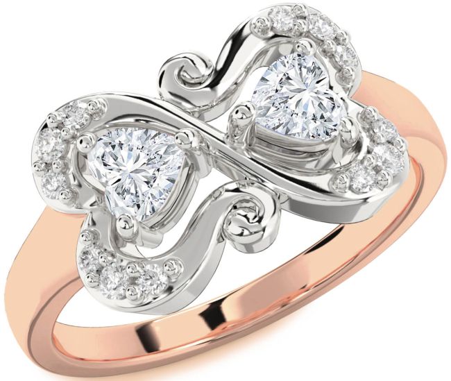 Diamond Rose Gold Silver Two Heart Ring