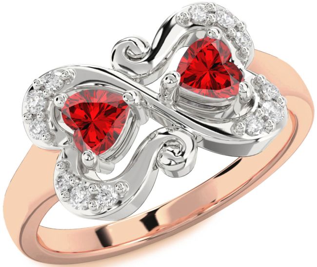 Diamond Ruby Rose Gold Silver Two Heart Birthstone Ring