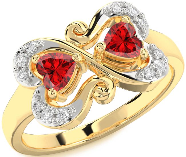 Diamond Ruby Gold Two Heart Birthstone Ring