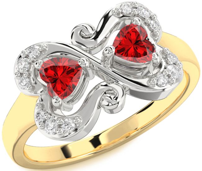Diamond Ruby Gold Silver Two Heart Birthstone Ring