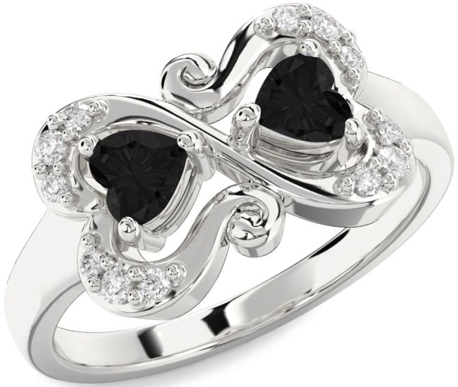 Black Diamond Silver Two Heart Ring