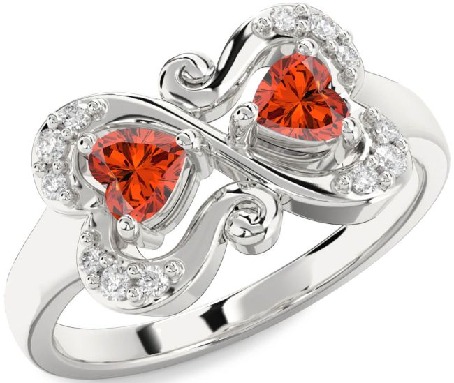 Diamond Fire Opal Silver Two Heart Ring