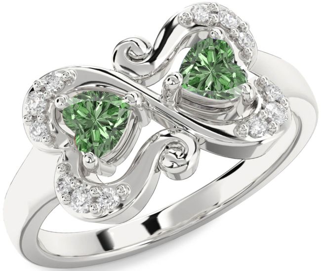 Green Diamond Silver Two Heart Ring