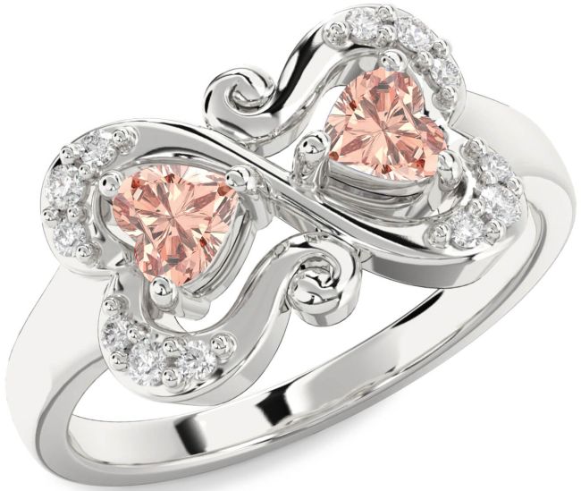 Diamond Morganite Silver Two Heart Ring