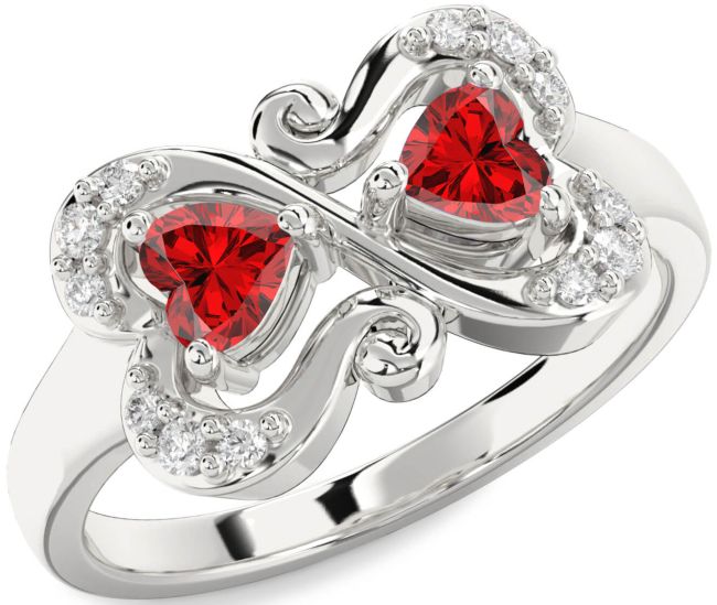 Diamond Ruby Silver Two Heart Birthstone Ring