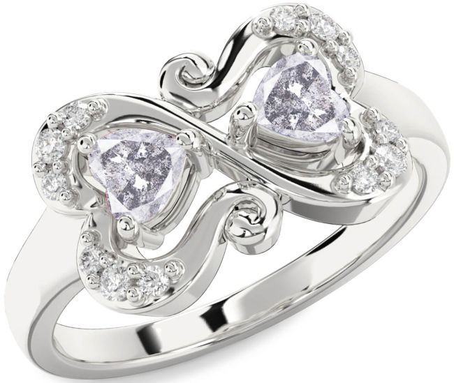 Salt & Pepper Diamond Silver Two Heart Ring