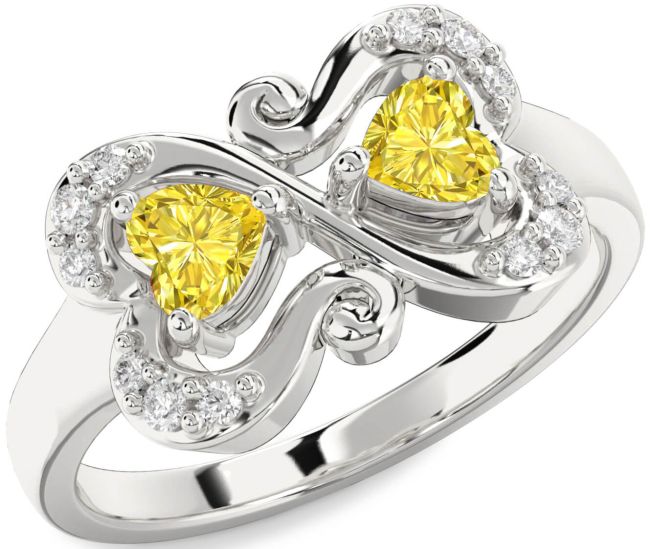 Yellow Diamond Silver Two Heart Ring
