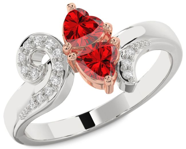 Diamond Ruby Rose Gold Silver Two Heart Birthstone Ring