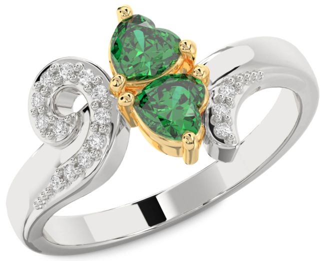 Diamond Emerald Gold Silver Two Heart Birthstone Ring