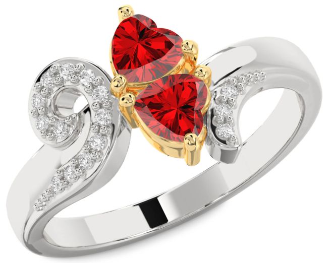 Diamond Ruby Gold Silver Two Heart Birthstone Ring