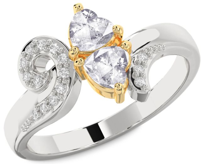 Salt & Pepper Diamond Gold Silver Two Heart Ring