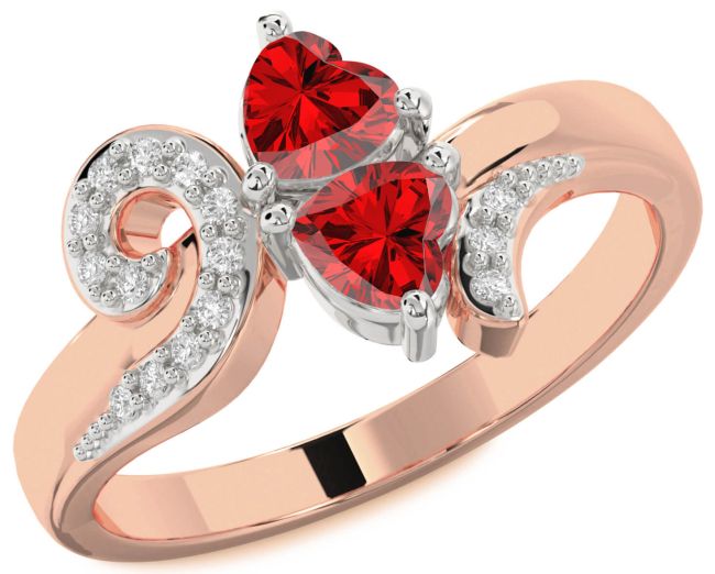 Diamond Ruby Rose Gold Silver Two Heart Birthstone Ring