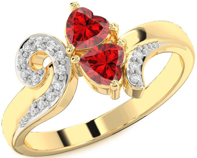 Diamond Ruby Gold Two Heart Birthstone Ring