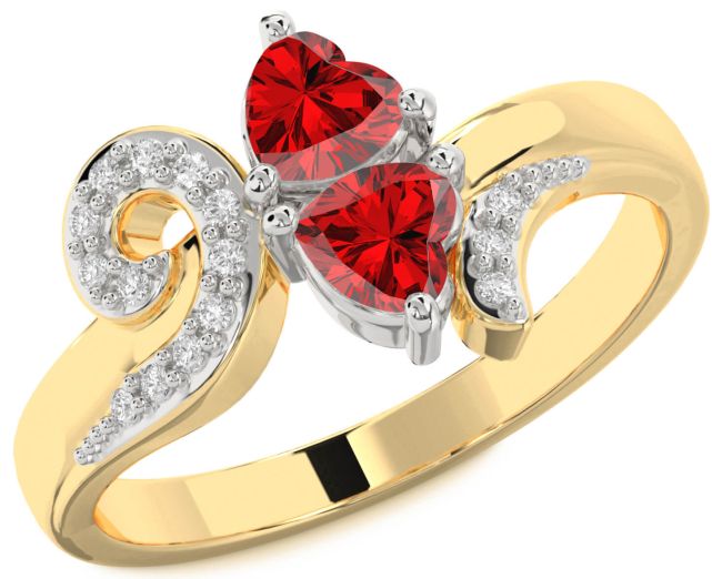 Diamond Ruby Gold Silver Two Heart Birthstone Ring