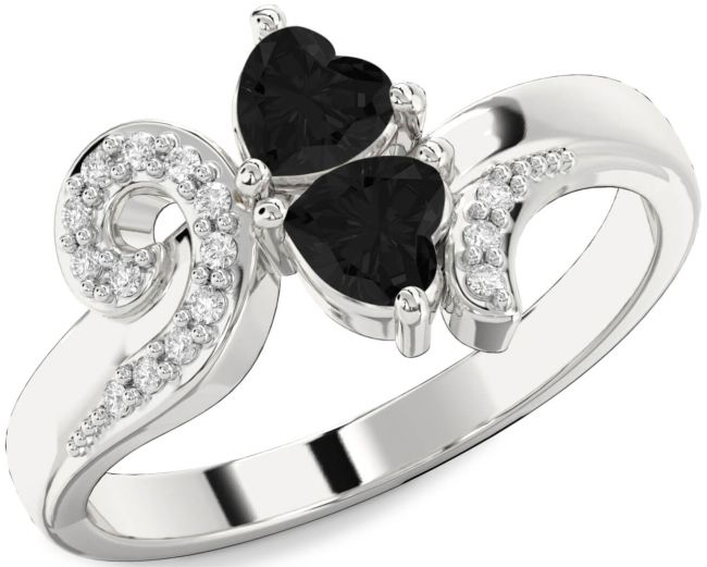 Black Diamond Silver Two Heart Ring