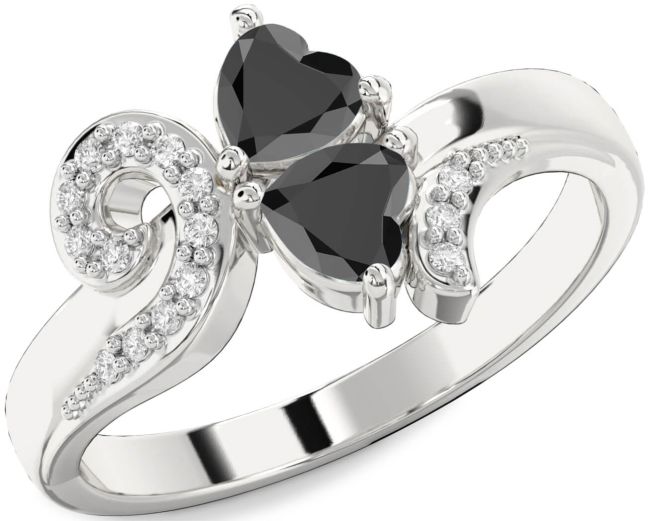Diamond Black Onyx Silver Two Heart Ring