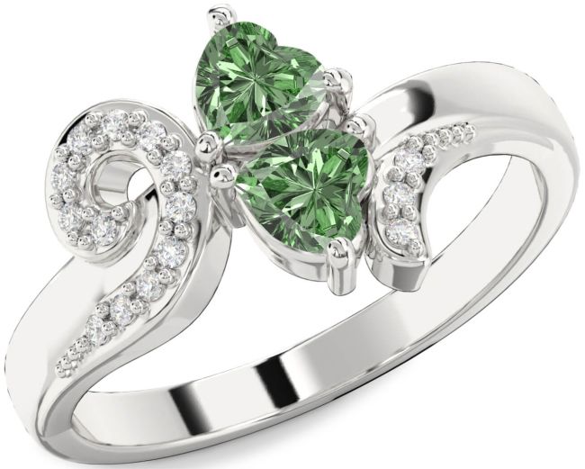 Green Diamond Silver Two Heart Ring