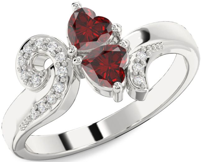 Diamond Garnet Silver Two Heart Birthstone Ring