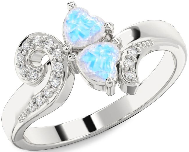 Diamond Moonstone Silver Two Heart Ring